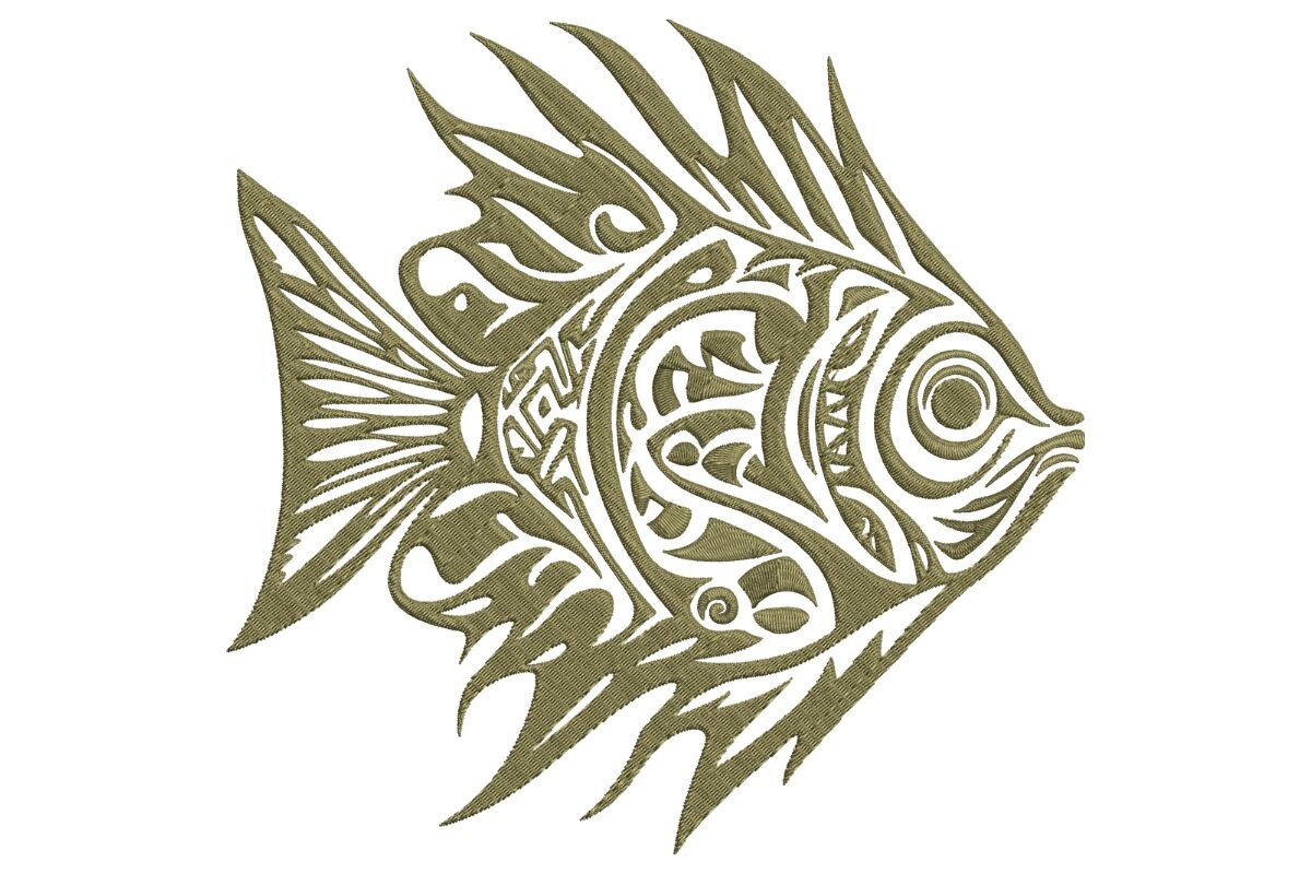 Ornate Tribal Fish Applique in Olive Green