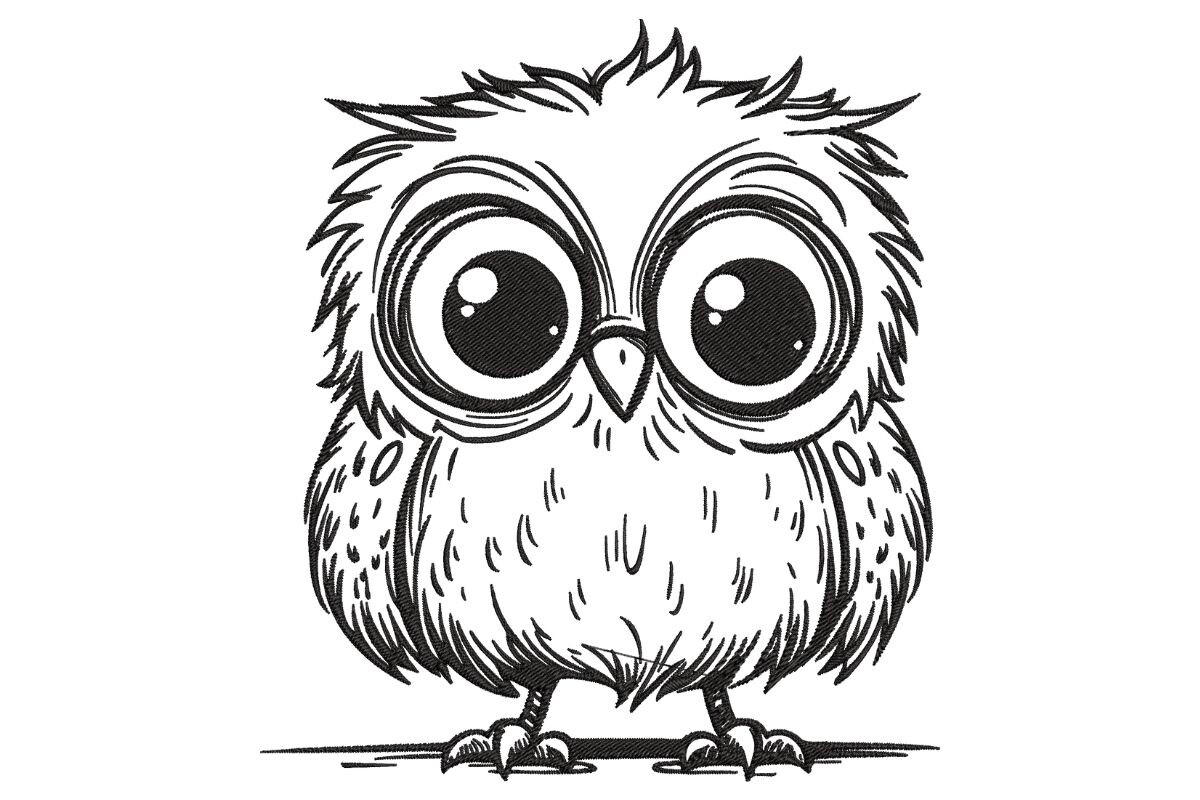 Scruffy Baby Owl Line Art Embroidery Design