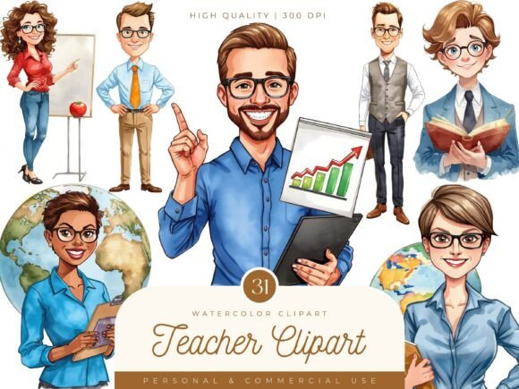 Watercolor Teacher Clipart Bundle