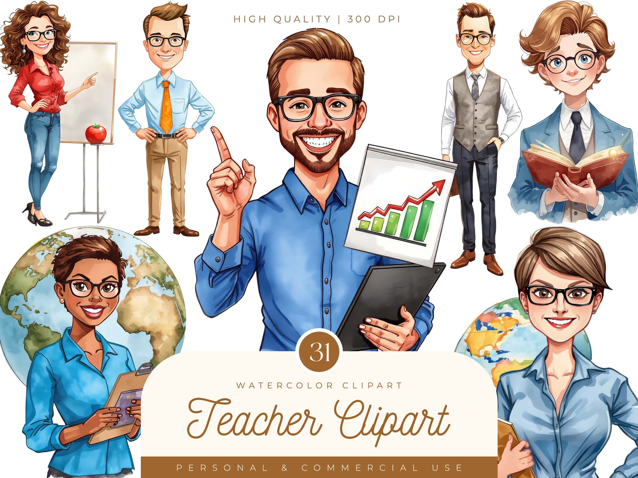 Watercolor Teacher Clipart Bundle
