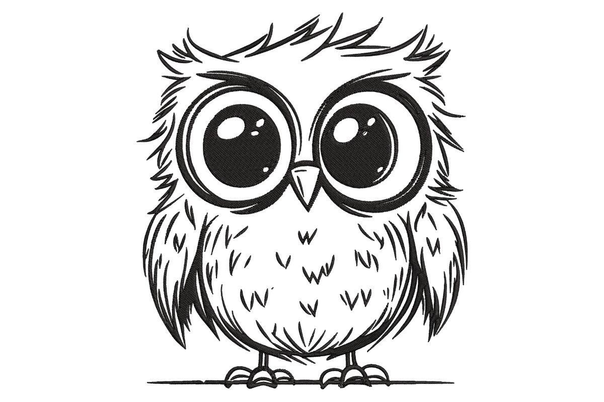 Scruffy Baby Owl Line Art Embroidery Design