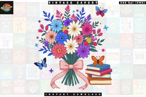 Colorful Flower Bouquet and Books PNG