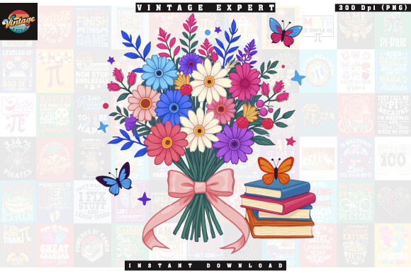 Colorful Flower Bouquet and Books PNG