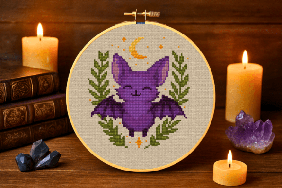 Cute Purple Bat with Crescent Moon