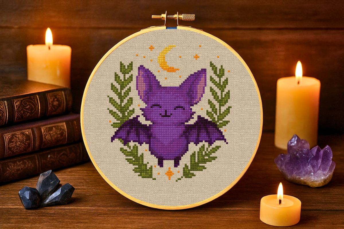 Cute Purple Bat with Crescent Moon