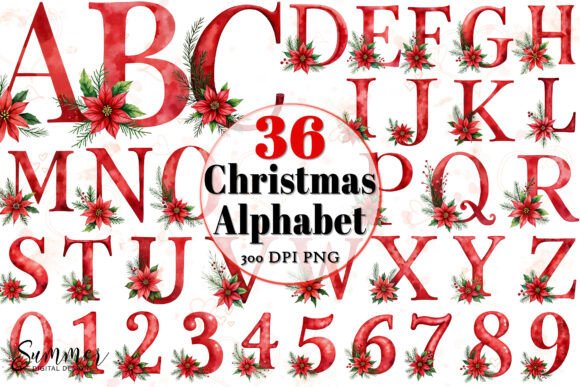 Elegant Christmas Red Floral Alphabet Graphic Illustrations By Summer Digital Design