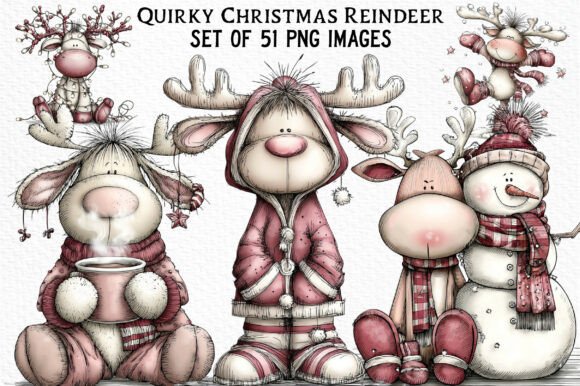 Quirky Christmas Reindeer Clipart for woodland nursery prints