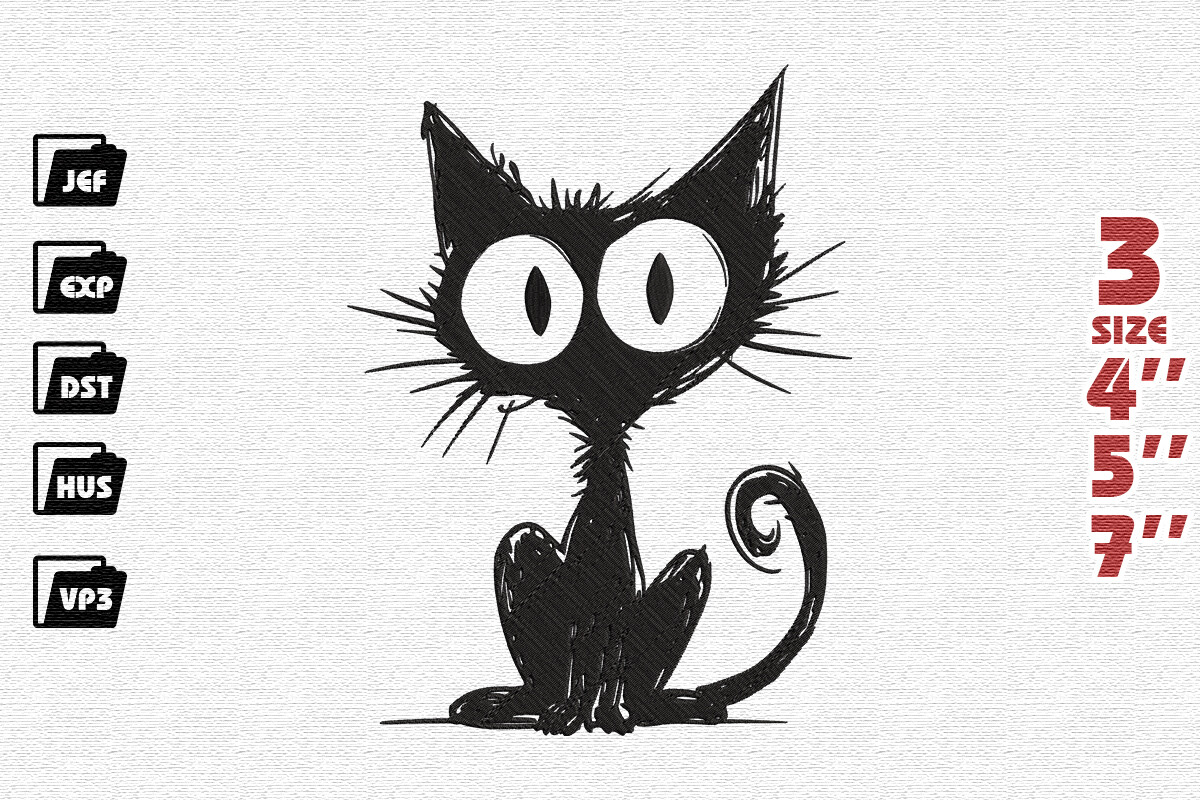 Scruffy Black Cat Sketch Embroidery Design