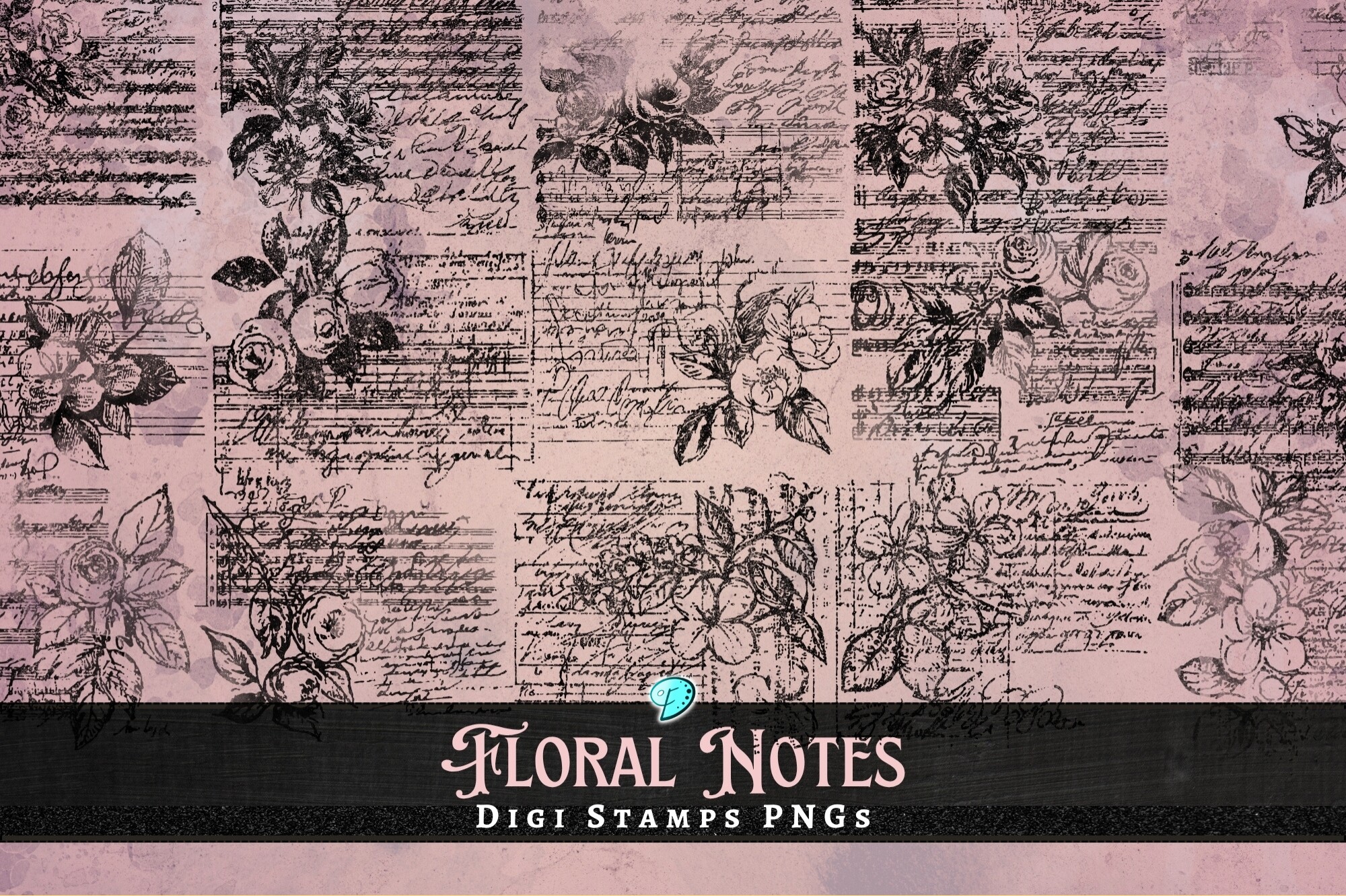 Floral Notes Digi Stamps Clipart PNG