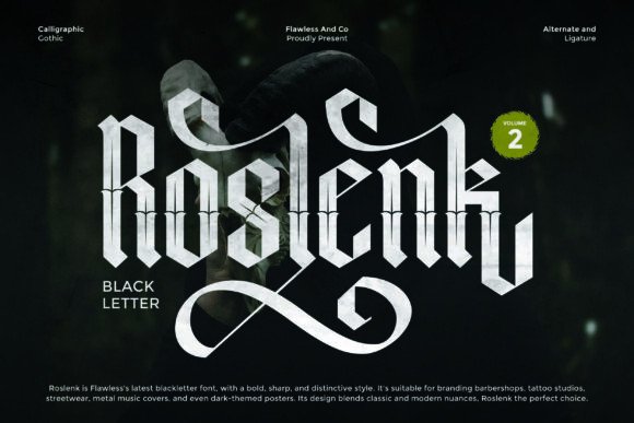 Preview specimen of Roslenk Volume 2 Font blackletter font