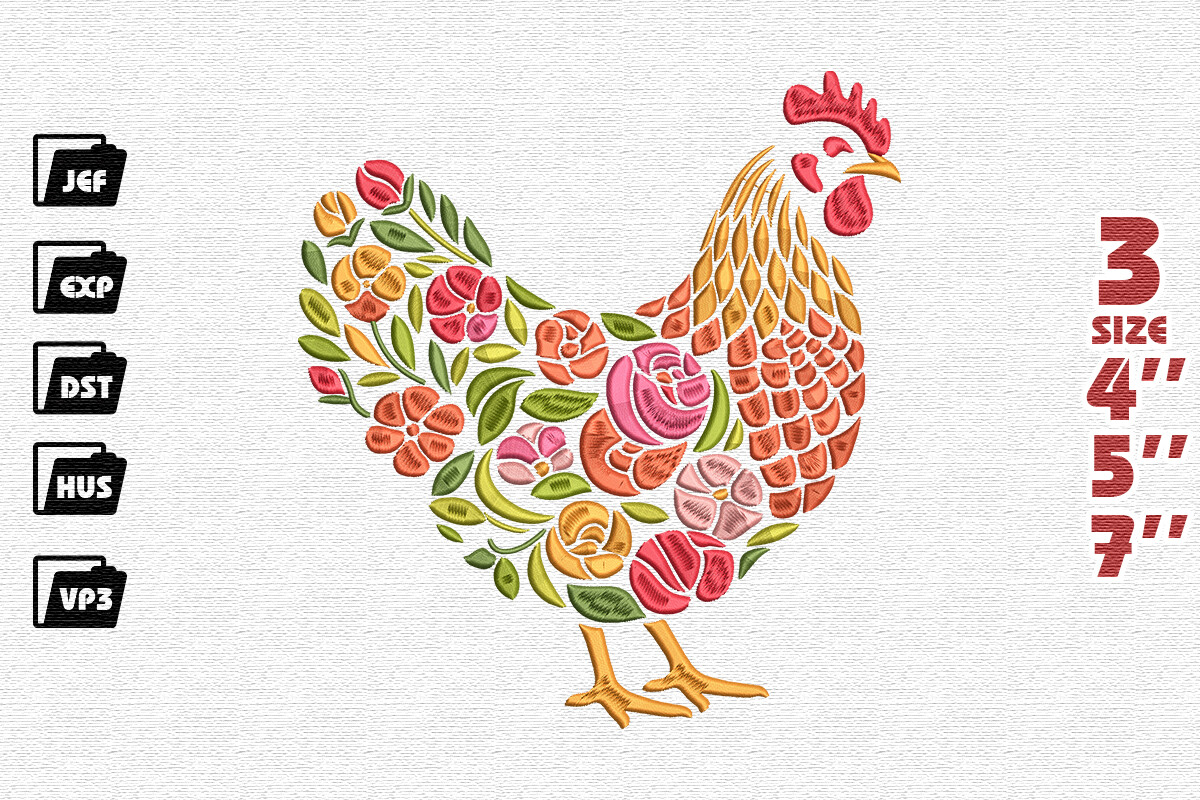Colorful Folk Art Floral Chicken Embroidery Design