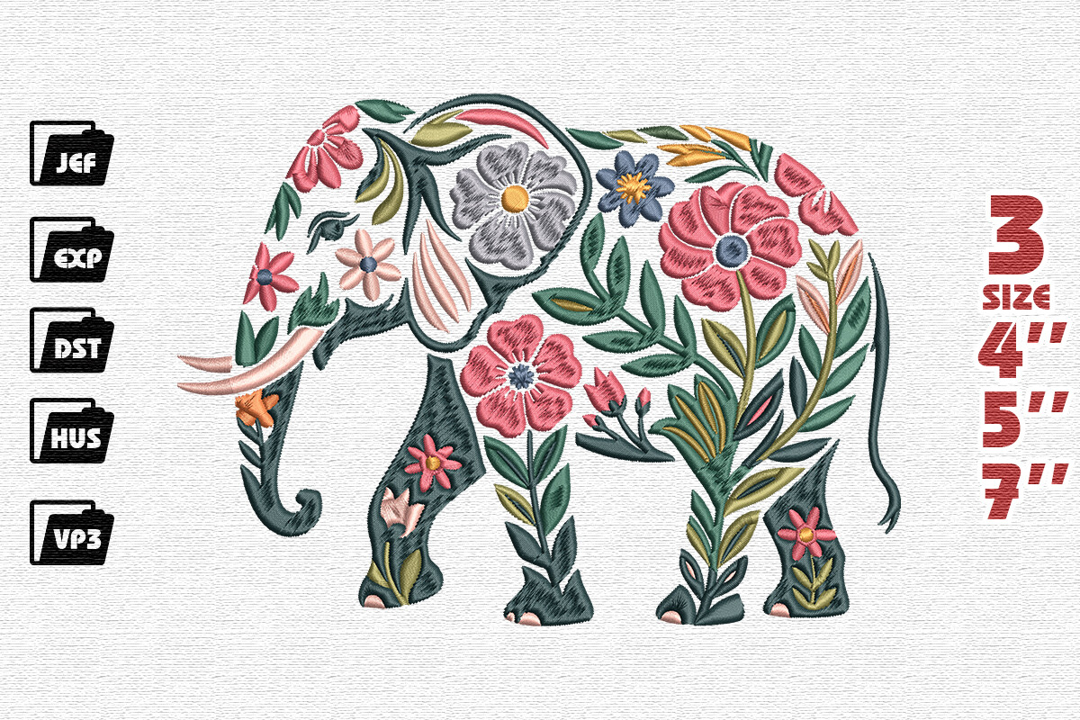 Colorful Folk Art Floral Elephant Embroidery Design