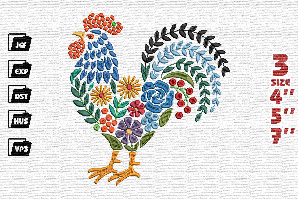 Colorful Folk Art Floral Rooster Embroidery Design