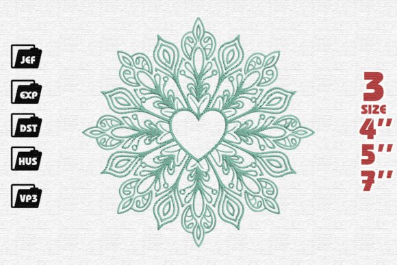 Elegant Heart Mandala Snowflake Embroidery Design in Mint Green