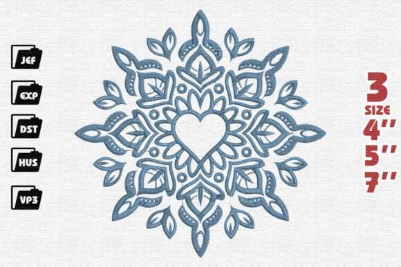 Elegant Heart Snowflake Mandala Embroidery Design in Blue