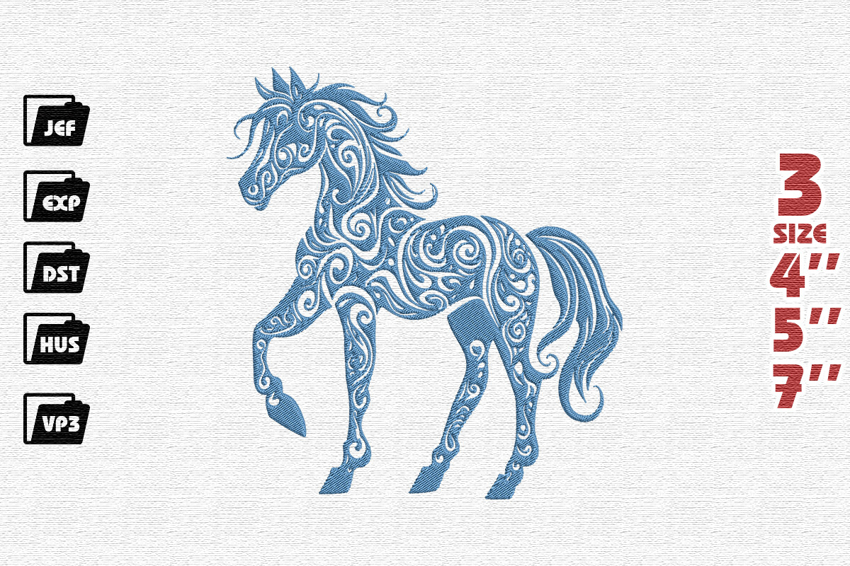 Elegant Ornate Horse with Swirls Embroidery Design in Blue