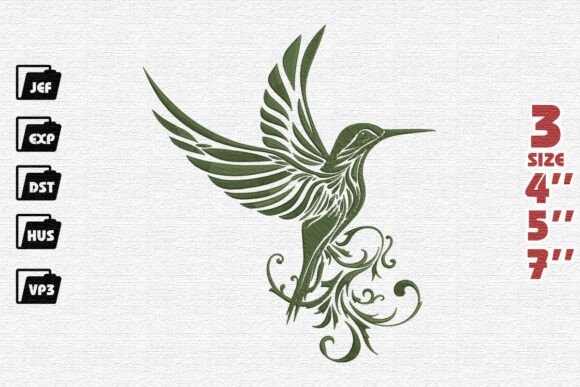 Elegant Ornate Hummingbird in Olive Green Embroidery Design