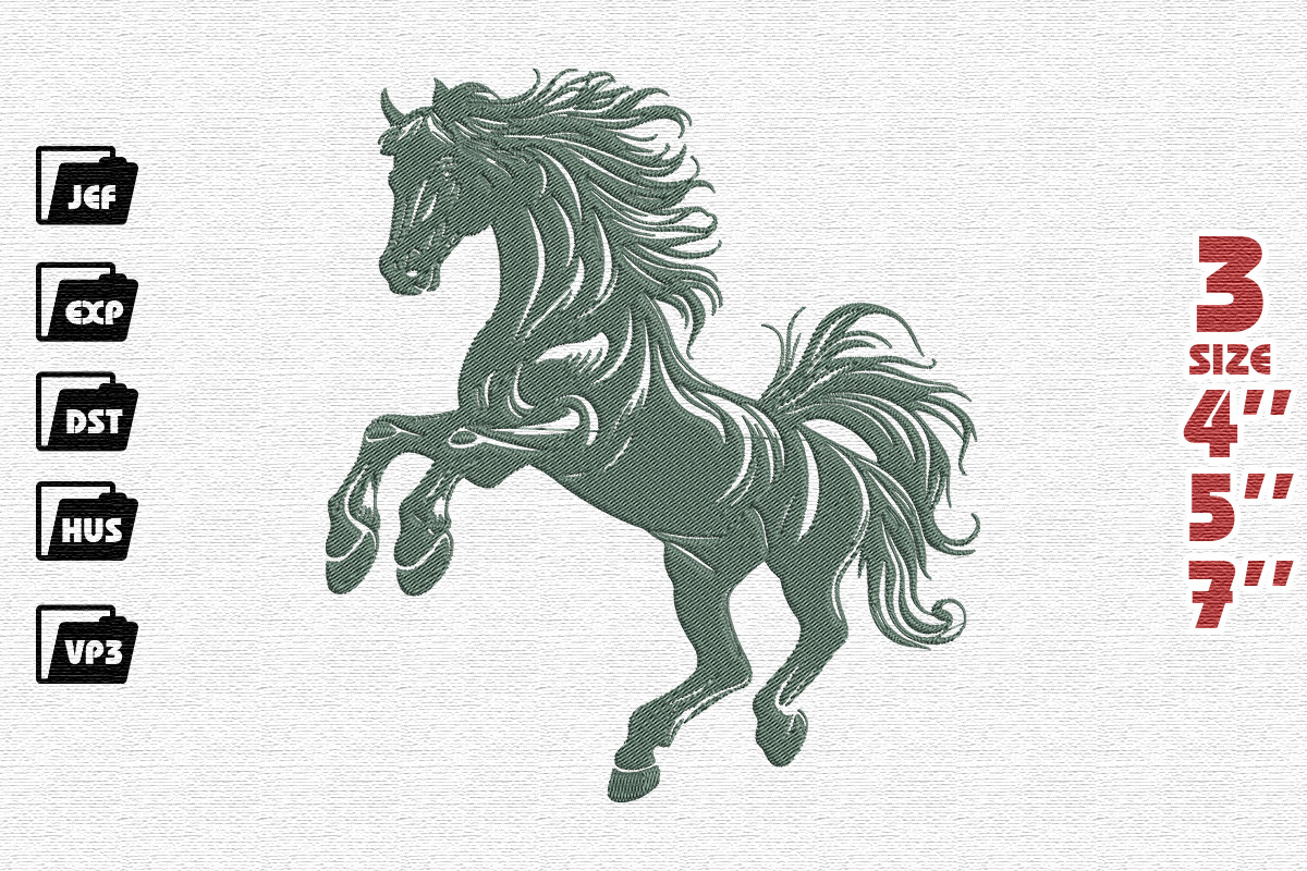 Elegant Stylized Rearing Horse Embroidery Design in Sage Green
