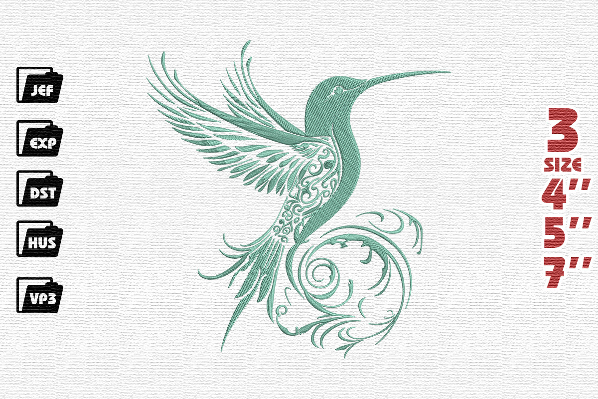 Elegant Teal Filigree Hummingbird Embroidery Design