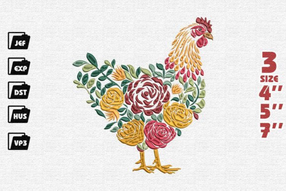 Folk Art Floral Rooster Embroidery Design
