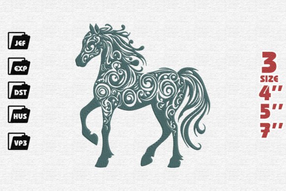 Green Elegant Ornate Horse with Swirls Embroidery Design