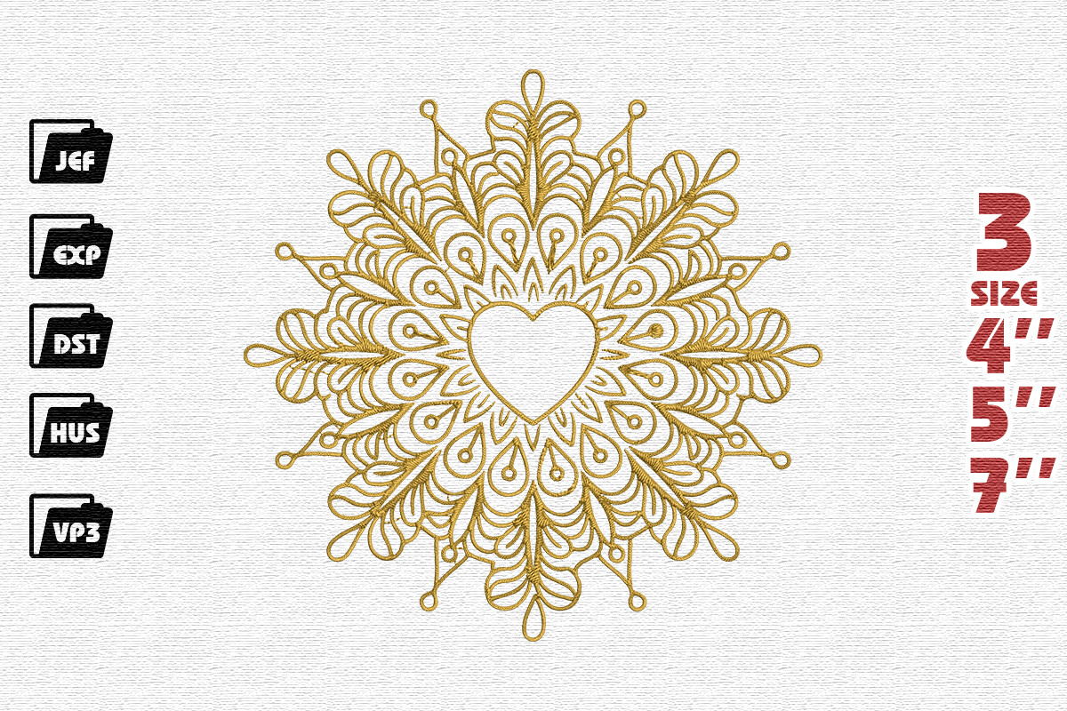 Lacy Golden Heart Mandala Embroidery Design