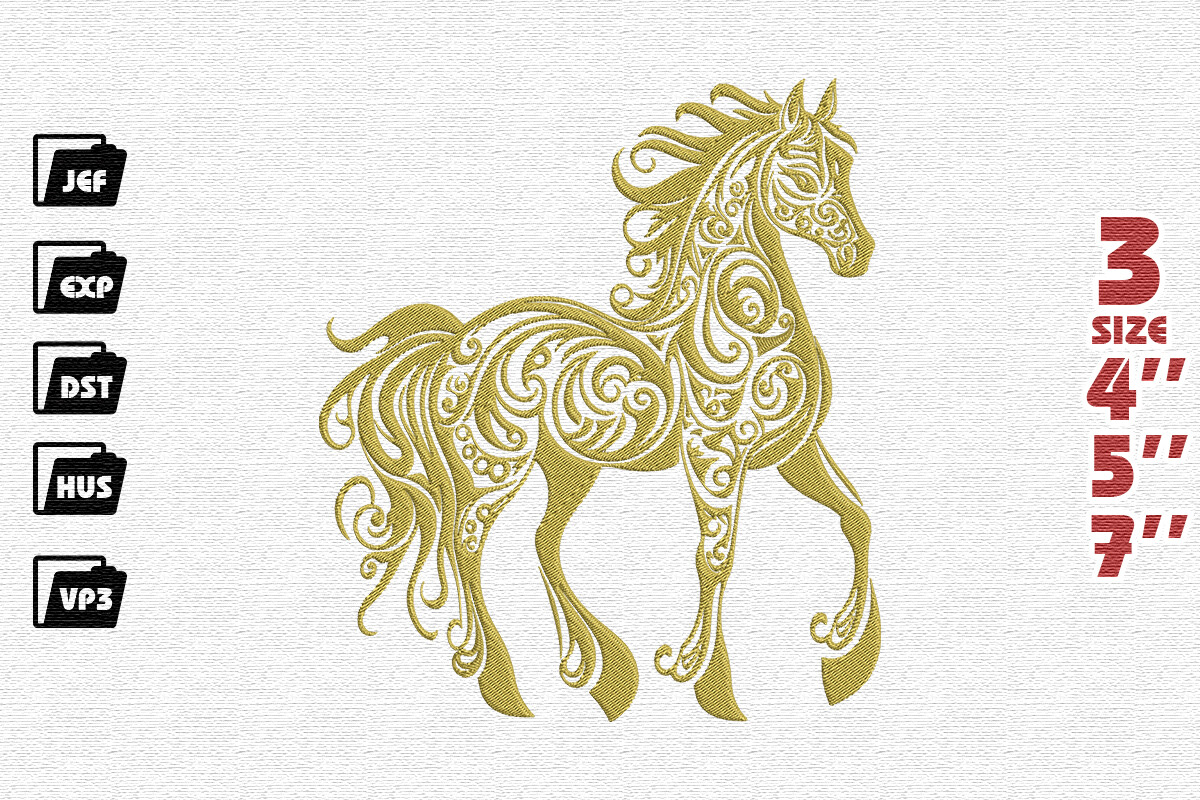 Majestic Golden Filigree Horse Embroidery Design