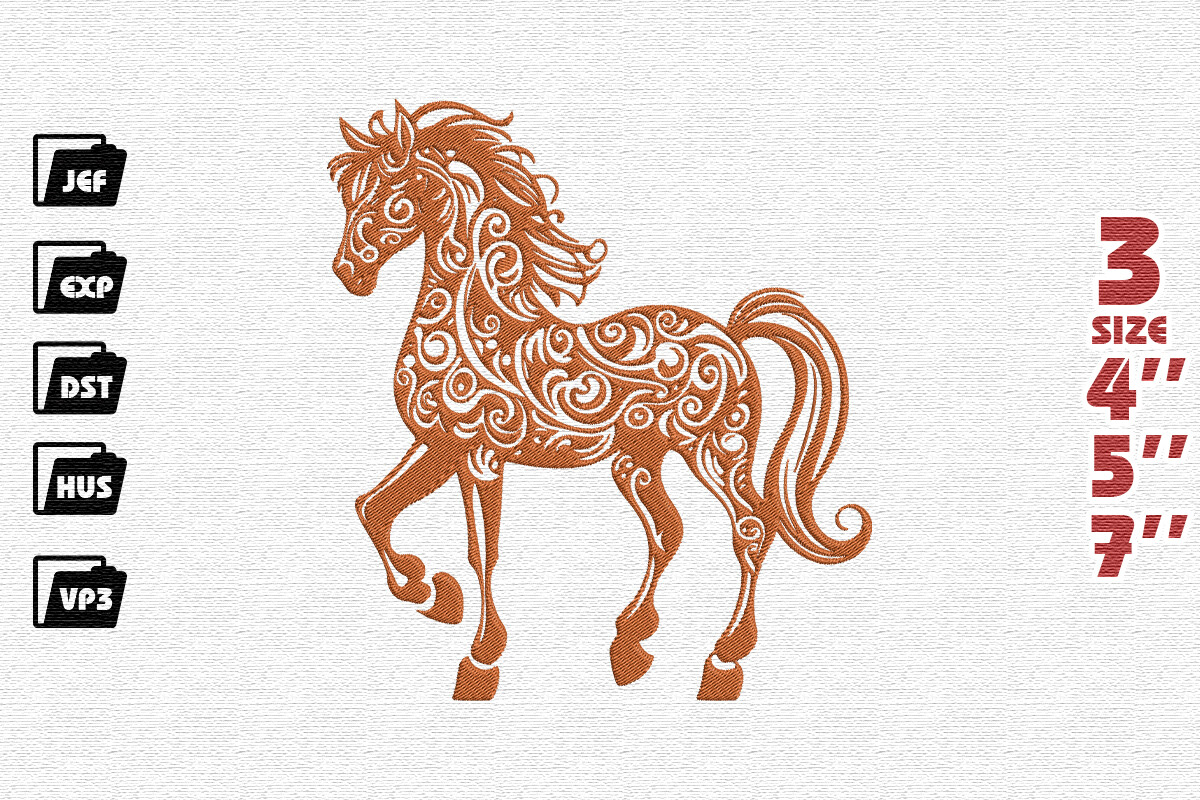 Ornate Copper Horse with Swirls Embroidery Design