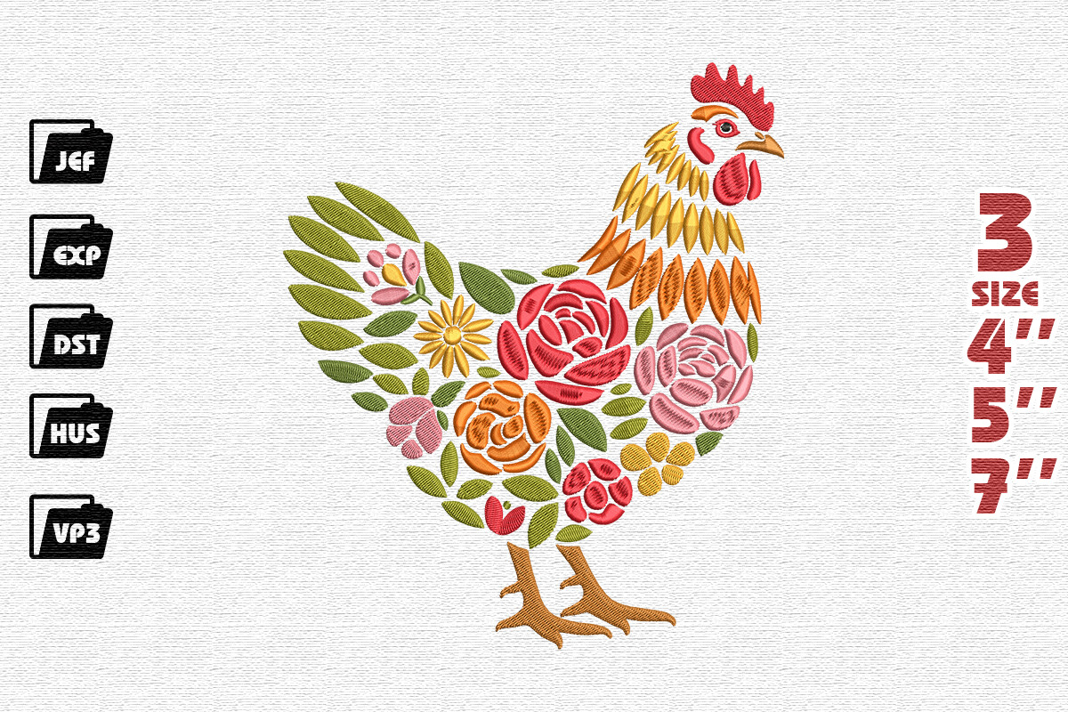 Ornate Floral Chicken Embroidery Design