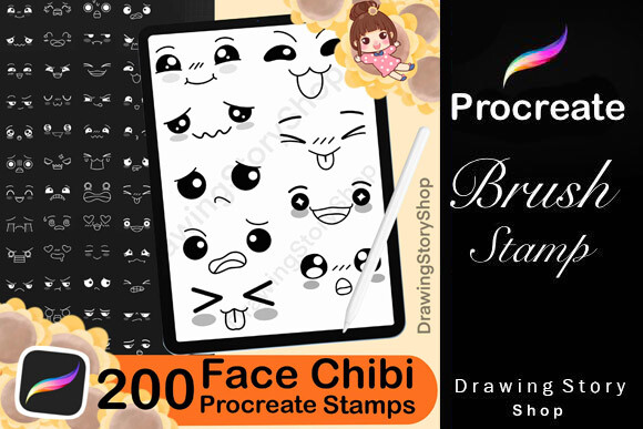 200 Procreate Kawaii Faces Stamp Brush
