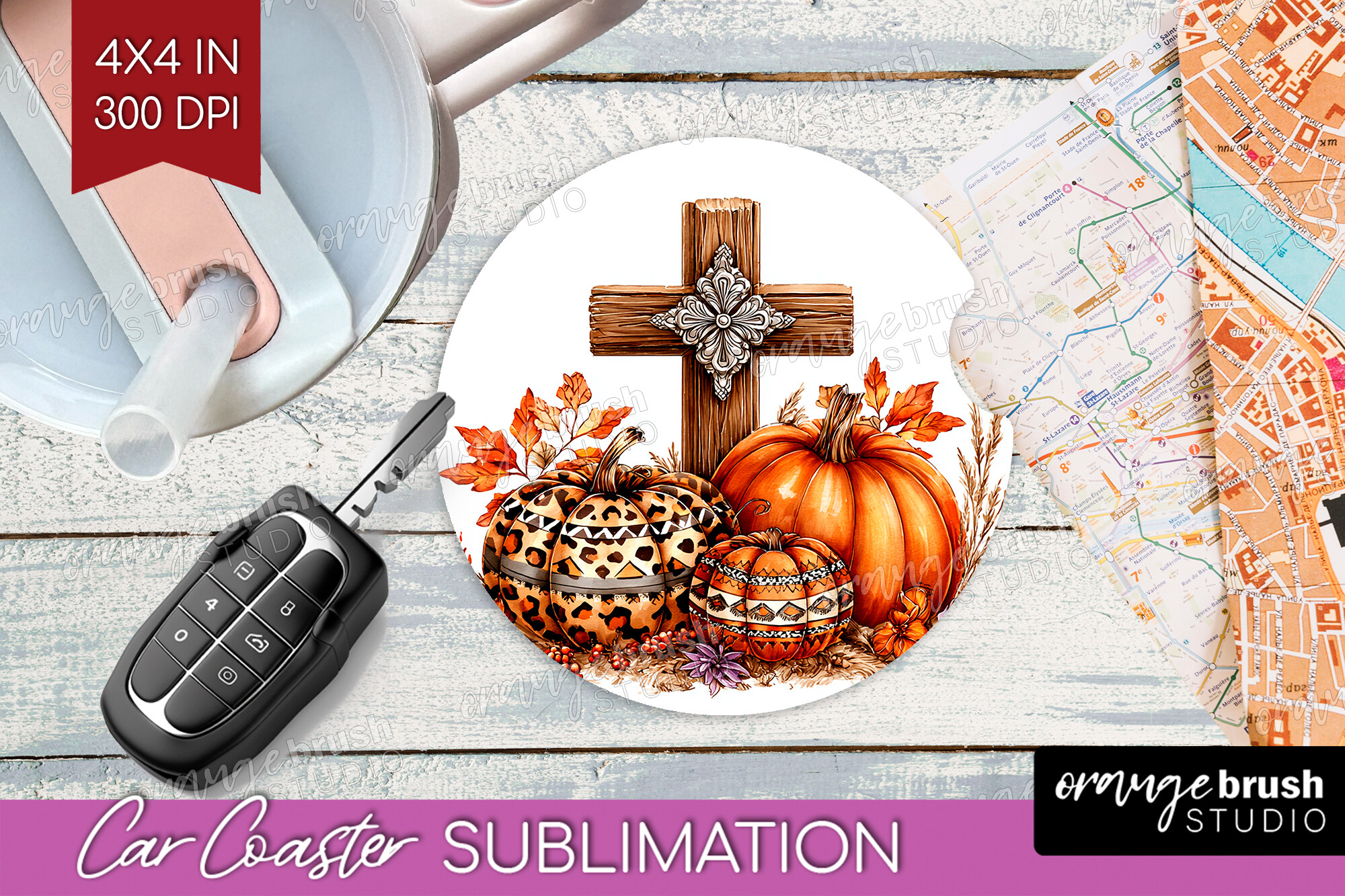Fall Pumpkin Car Coaster PNG Sublimation