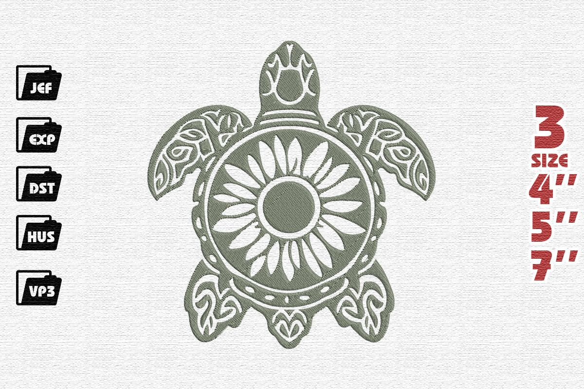 Ornate Sunflower Sea Turtle Embroidery Design in Sage Green