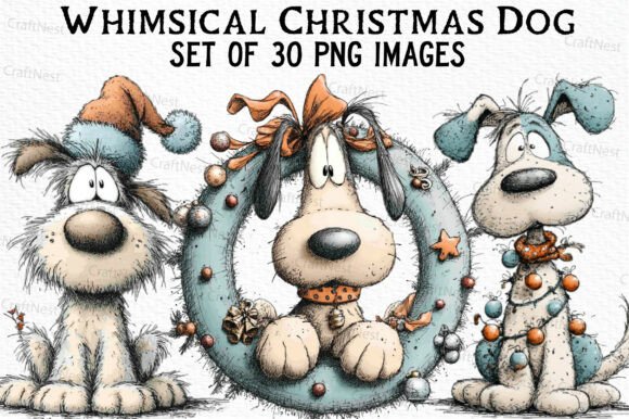Whimsical Christmas dog clipart shown on a cotton holiday bandana mockup for Etsy