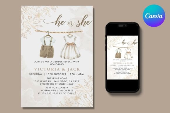 Baby clothes gender reveal invitation with small garments and party details