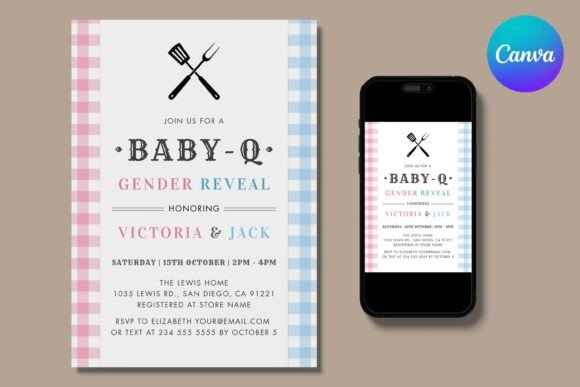 BabyQ Gender Reveal Gingham BBQ Invite