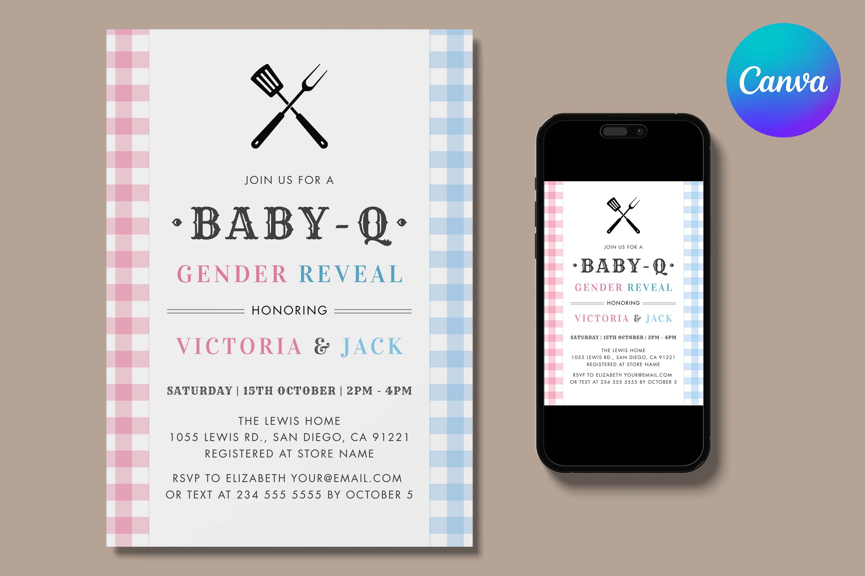 BabyQ Gender Reveal Gingham BBQ Invite