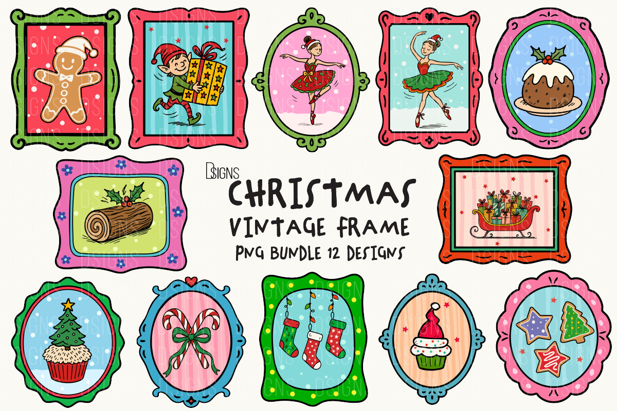 Christmas Cute Vintage Frame PNG Bundle