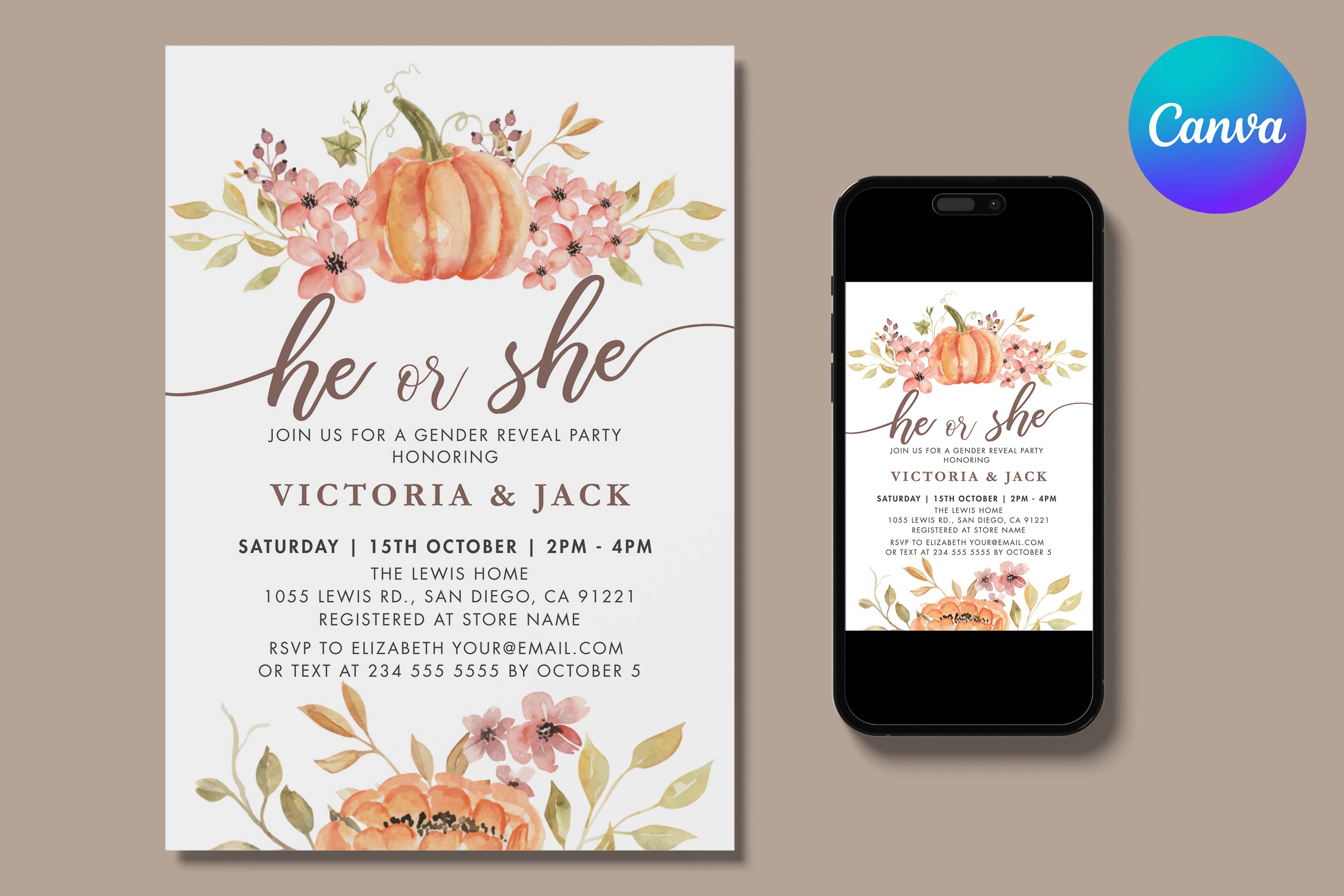 Fall Pumpkin Boho Gender Reveal Invite