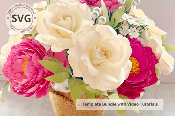 Potted Paper Roses Peony Flower SVG Bundle Cricut wedding home décor gift