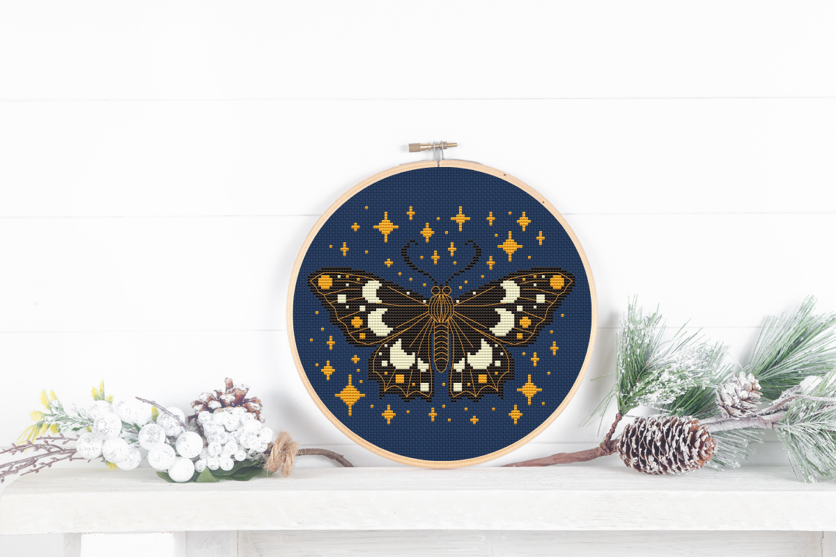 Starry Night Moth Cross Stitch Pattern