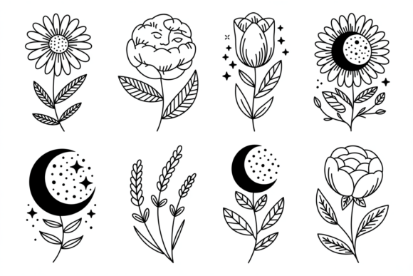 Celestial Floral Line Art Clipart Bundle Graphic AI Illustrations By rabiulalam97677