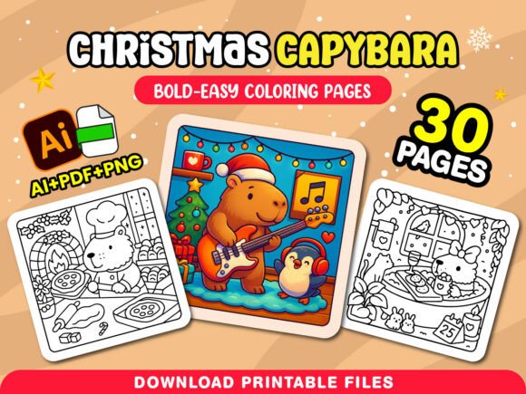 Christmas Capybara Cozy Coloring Pages