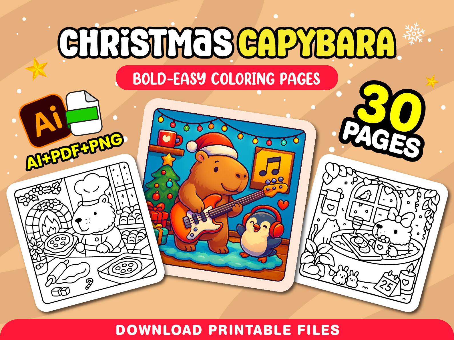 Christmas Capybara Cozy Coloring Pages