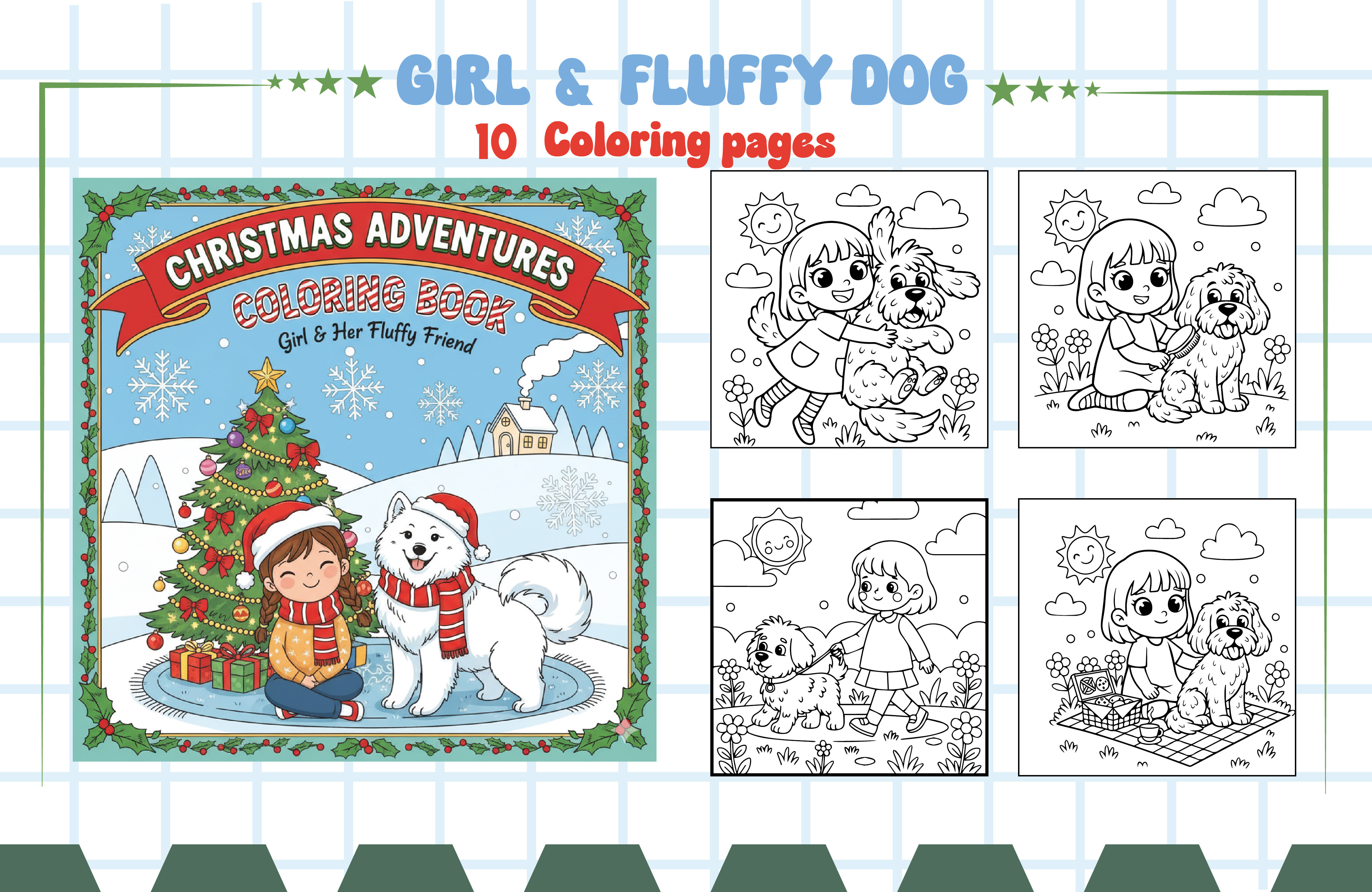 Girl & Fluffy Dog Coloring Page