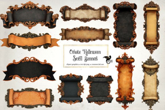 Ornate Halloween Scroll Banners Graphic Decorative Elements By Digital Curio