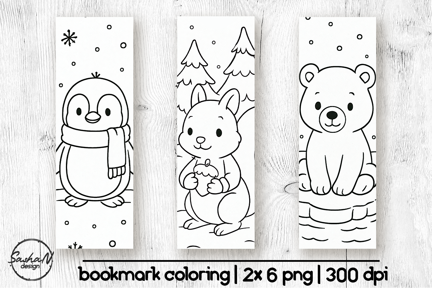 Cute Winter Animals Coloring Bookmarks