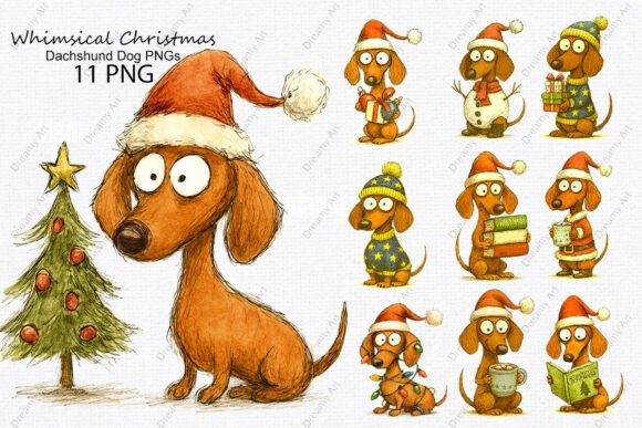 Whimsical Christmas dachshund dog PNGs for the dachshund mom niche holiday tee market