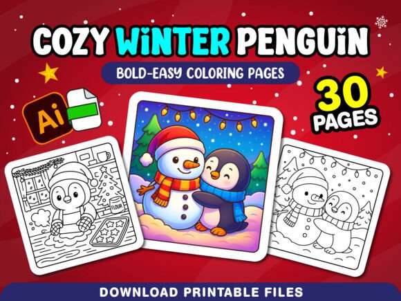 Winter Penguin Coloring Pages for Adults