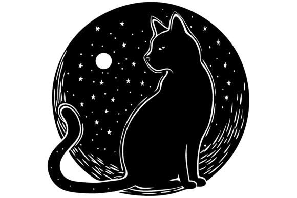 Black Cat Silhouette Under Starry Night
