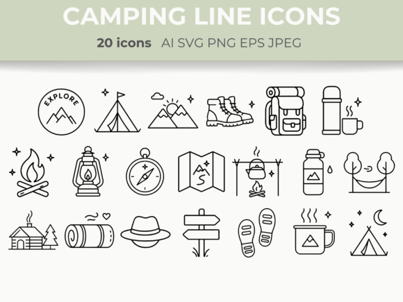 Camping & Hiking Line Icons Outline SVG Graphic Icons By CozyNest Studio
